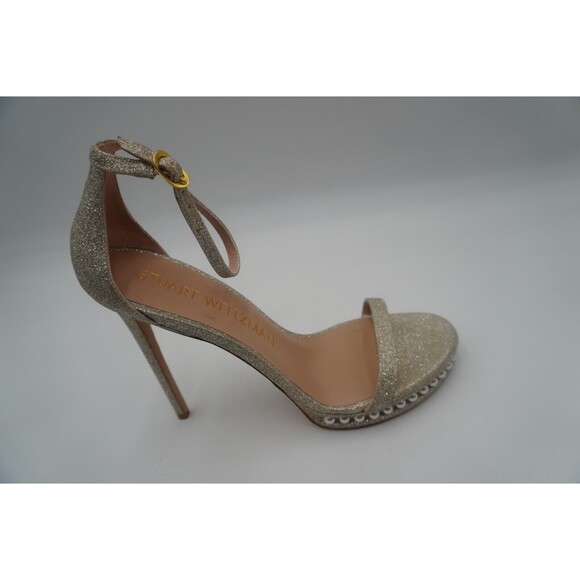 Stuart Weitzman Nudist Disco Pearl Glitter Ankle Strap Platino High Heel Size 10 - Picture 16 of 16